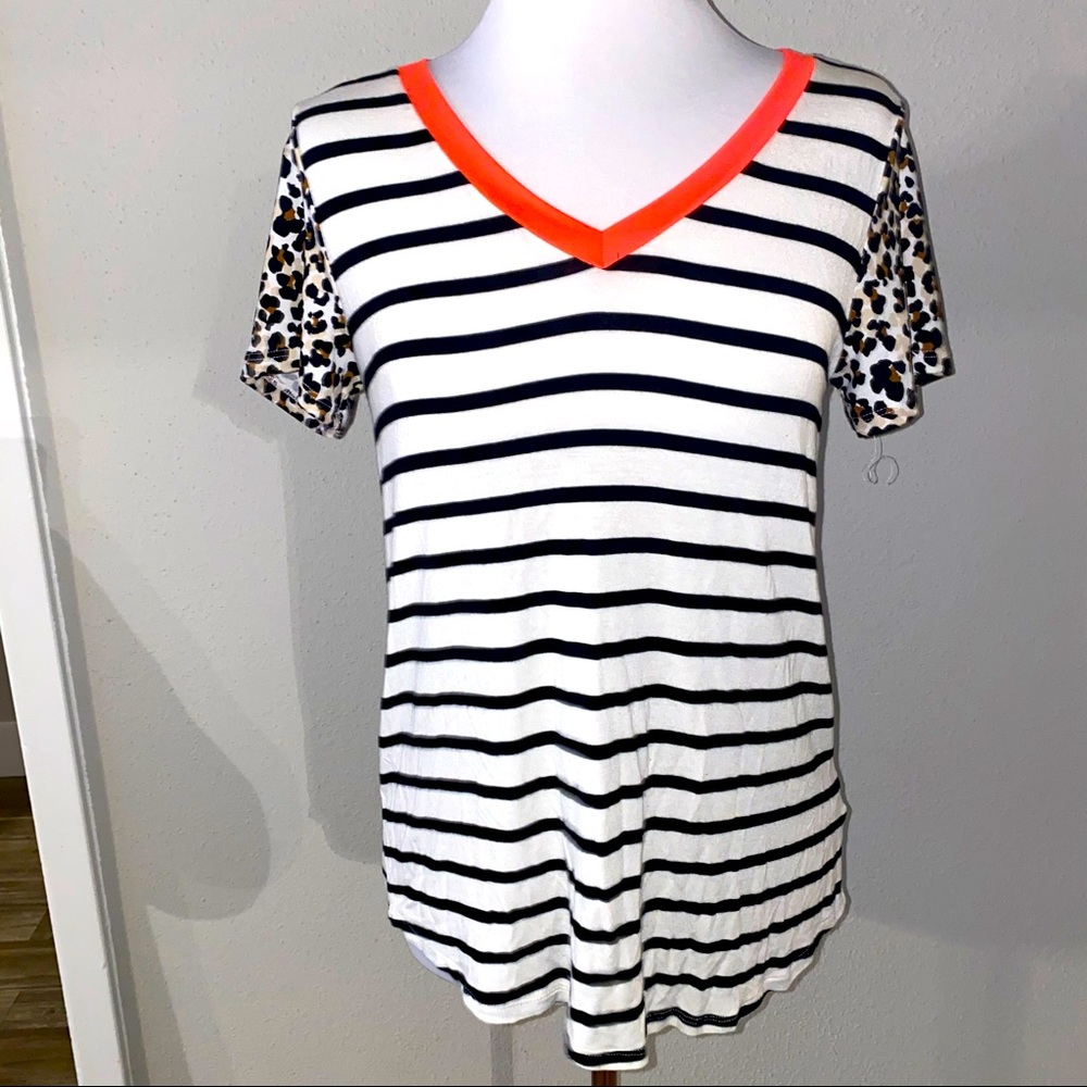 White & black striped /  leopard bright pink top
